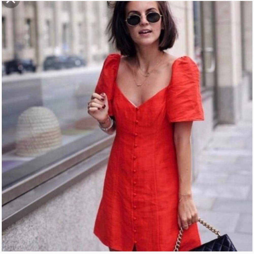 ZARA RED DRESS WITH PUFF SLEEVE LINEN size Small